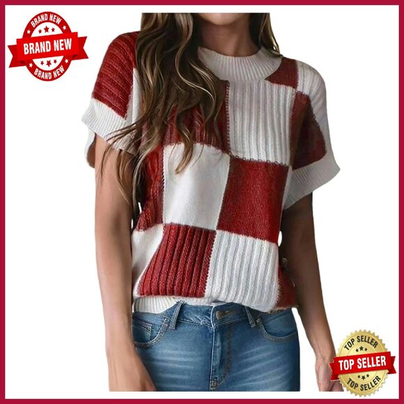 Short Sleeve Knit Pullover Sweater Acrylic Loose Fit Casual